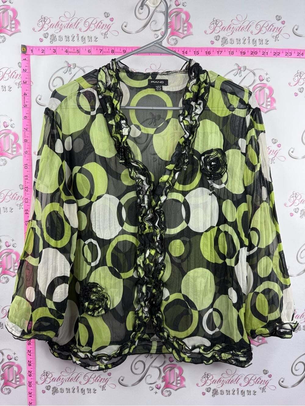 Piano shirt beaded tassle Sheer Lime Green and Black Circle-Print Ruffle Blouse